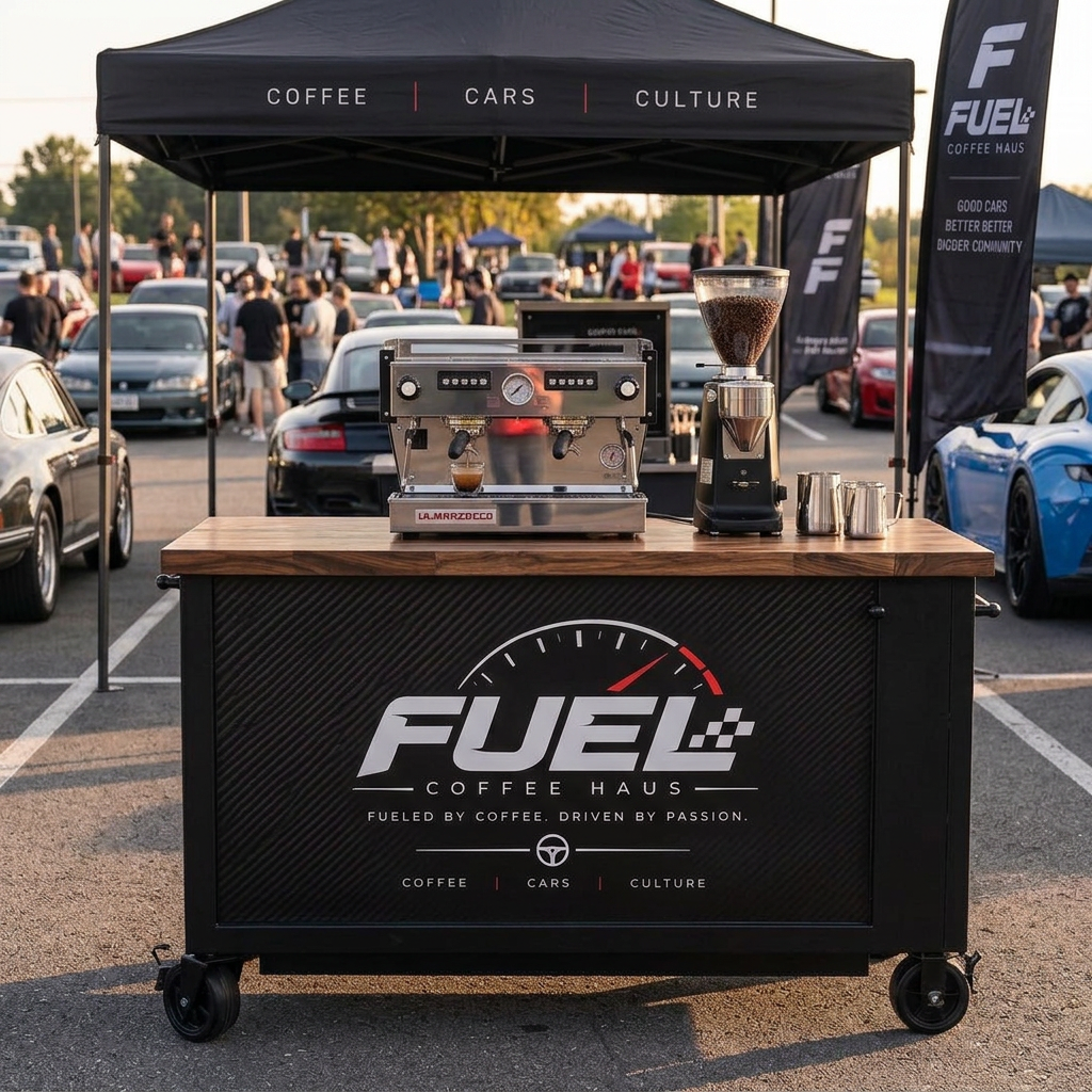 Fuel Coffee Haus custom mobile coffee cart at a cars and coffee event