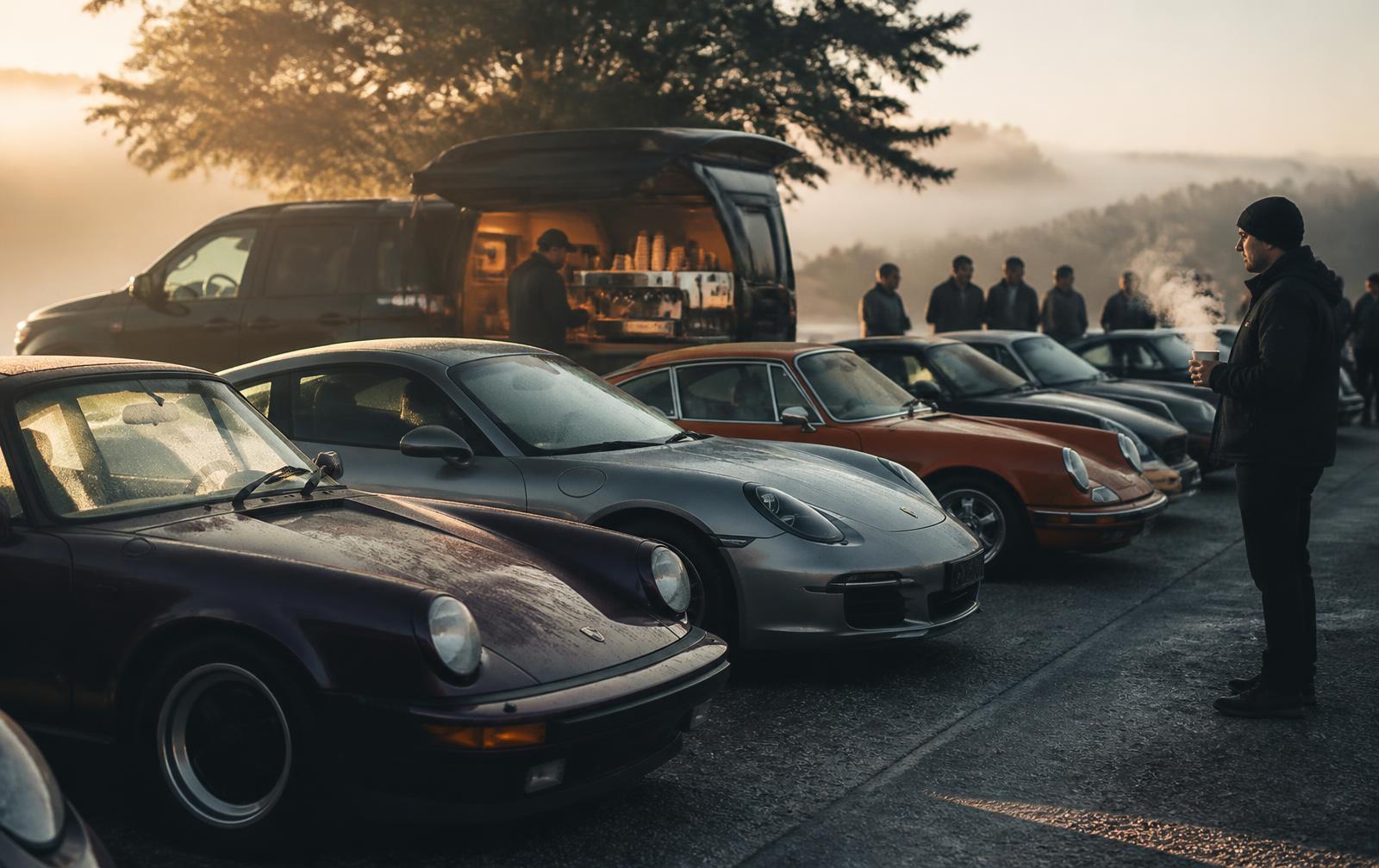 Cars and coffee meet at dawn beside the Fuel Coffee Haus stand