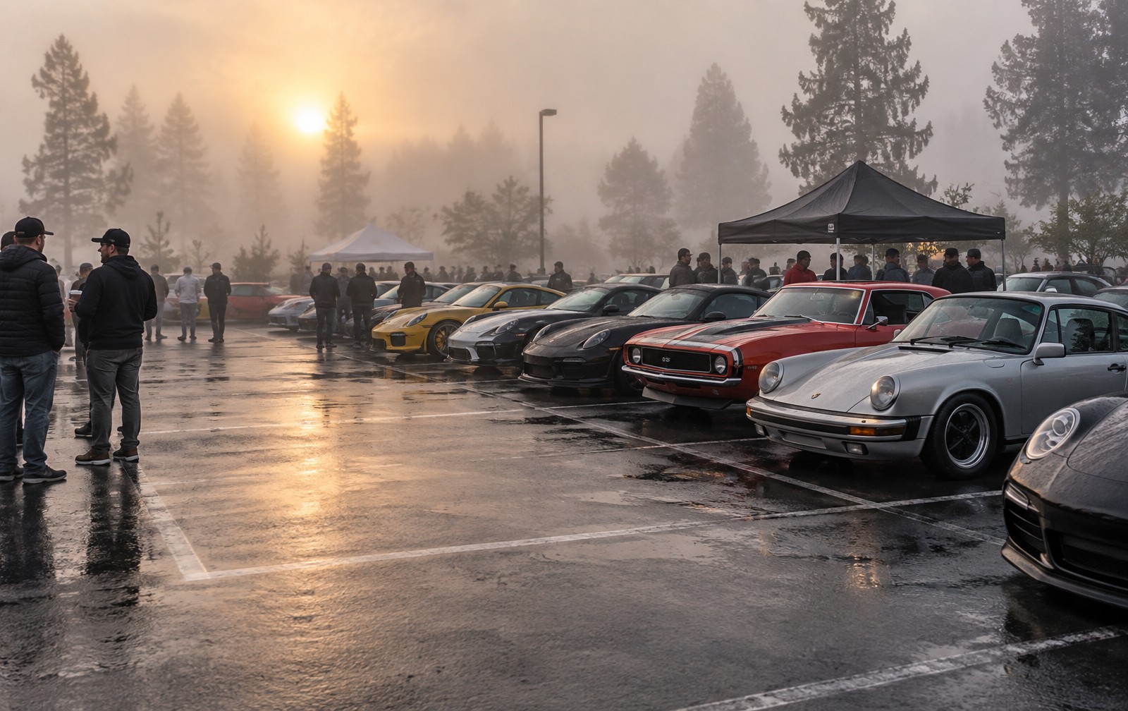 Cars and coffee meet at dawn beside the Fuel Coffee Haus stand